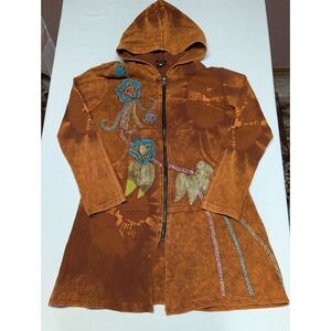 Rising International Orange Acid Wash Floral Embroidered Zip Hoodie Jacket Nepal